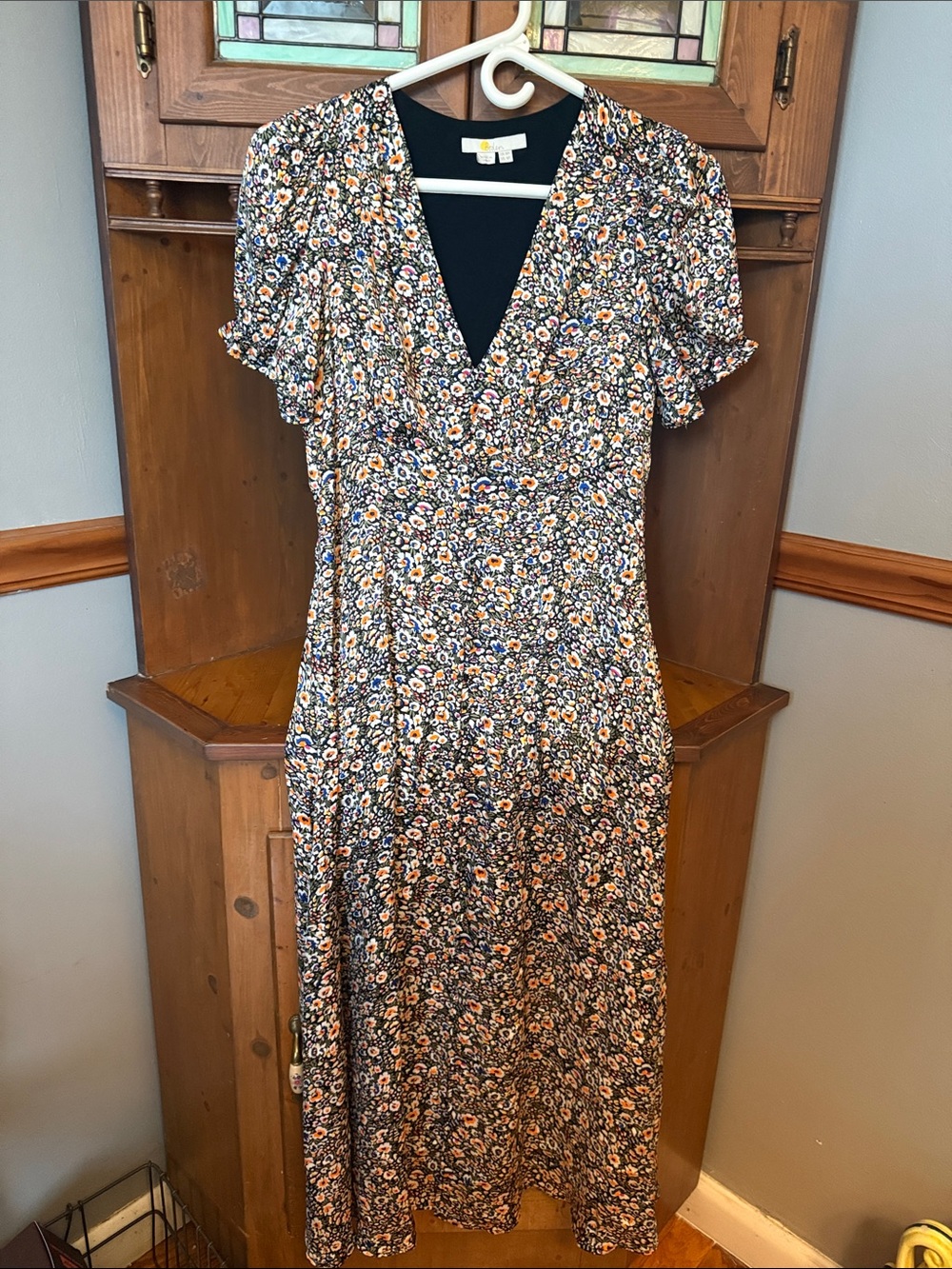 Boden Satin Midi Tea Dress Multi Carnation Garden Floral US 4P UK 8P